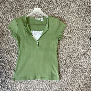 Vintage Energie Top Y2K Tee Shirt Ribbed Green Preppy Bella Swan Size L Stretch